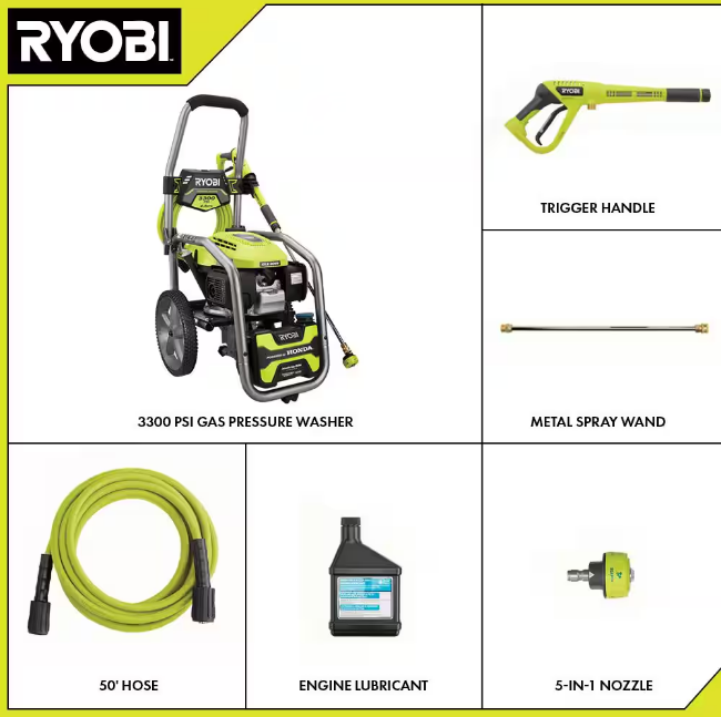 Ryobi 3300 PSI 2.5 GPM Gas Pressure Washer Honda Engine