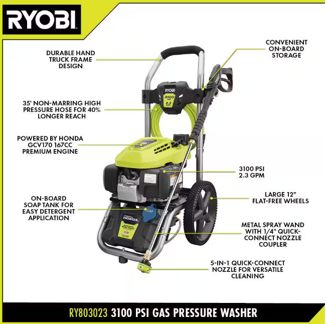 Ryobi 3100 PSI 2.3 GPM Gas Pressure Washer Honda Engine